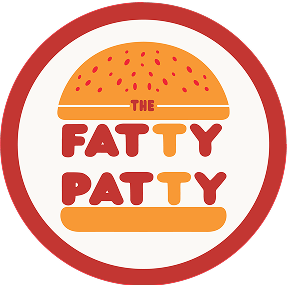 Logo featuring a stylized burger with sesame seed bun and the text 'THE FAT TTY PA TTY' in red and orange letters.