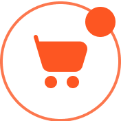Orange shopping cart icon inside a circular outline with a filled circle notification badge.
