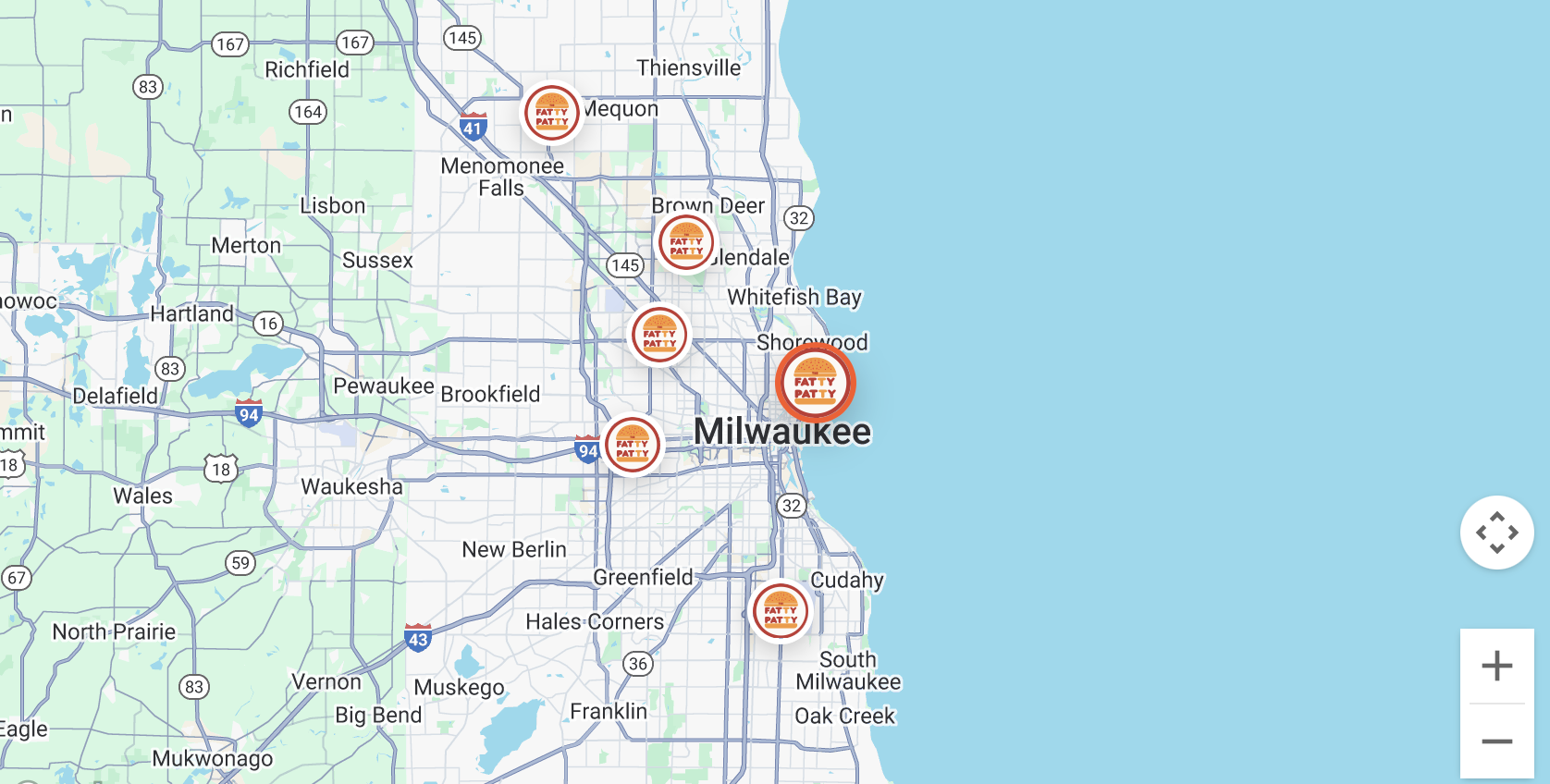 Map of Milwaukee and surrounding areas showing six Fatty Patty burger restaurant locations marked with red and orange burger icons.