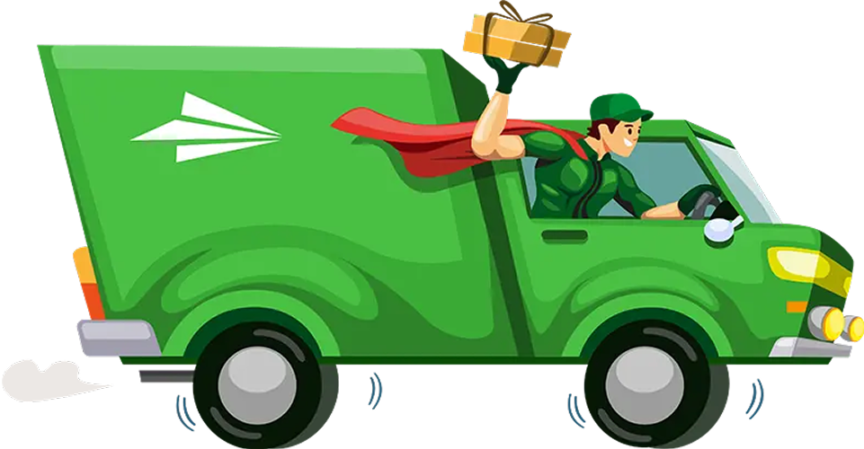 Cartoon delivery driver in green uniform and red cape driving a green delivery truck while holding a package.