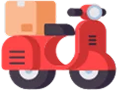 Red scooter with a brown delivery box mounted on the back.