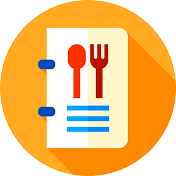 Menu icon with red spoon and fork on a white paper against an orange circular background.